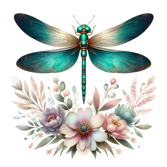 teal dragonfly, emerald green, dusty rose, blush pink, sage green, cream, soft pastels, floral, nature, botanical, dragonfly, insects, flowers, peonies, delicate, whimsical, elegant, romantic, spring, summer, garden theme, watercolor style, artistic, decorative panel, wall hanging, home decor, celestial feel, jewel tones, metallic accents, vintage inspired