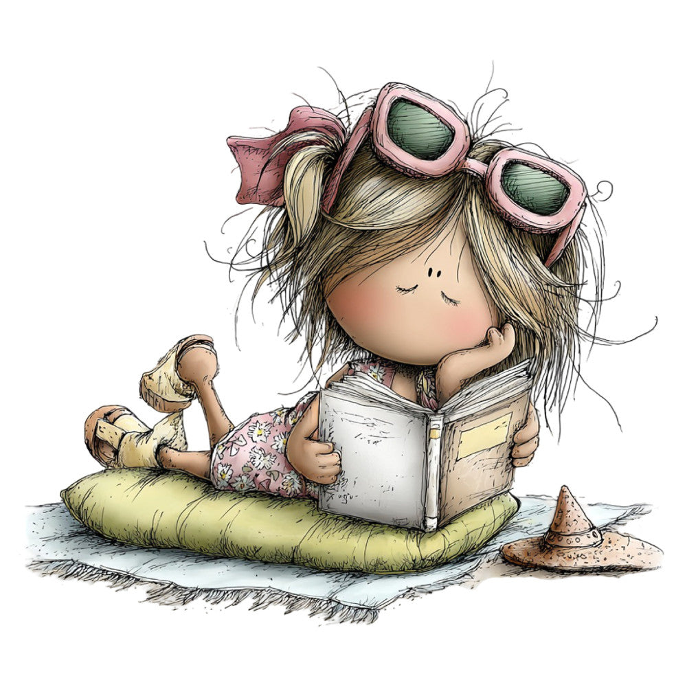 whimsical, girl reading, children's illustration, storybook, vintage style, dusty rose, sage green, cream, soft colors, character panel, literary theme, educational, imaginative, character fabric, novelty print, illustration art, cute characters, bedtime story, learning theme, child-friendly, soft pastels, brown hair, pink bow, glasses motif, beach theme, seashell, summer, girl power, creative play