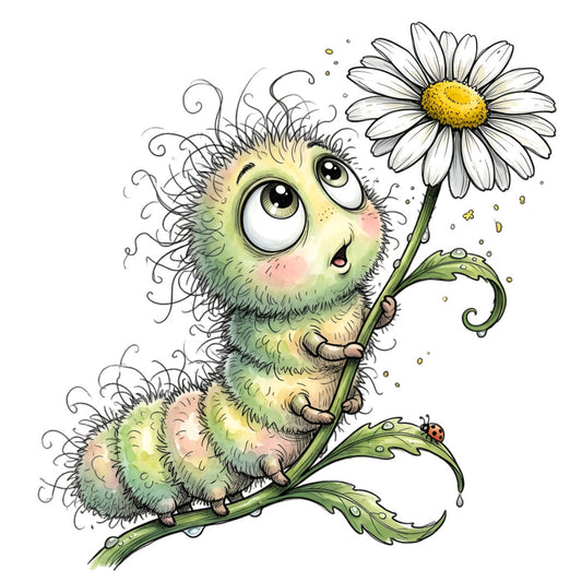 whimsical, cute creature, green, yellow, pale yellow, soft green, sage green, lime green, cream, daisy, white flower, fuzzy caterpillar, nature, garden, spring, summer, animals, insects, ladybug, botanical, playful, children's, kid friendly, nursery, storybook, illustration style, folk art, charming, adorable, fantasy creature
