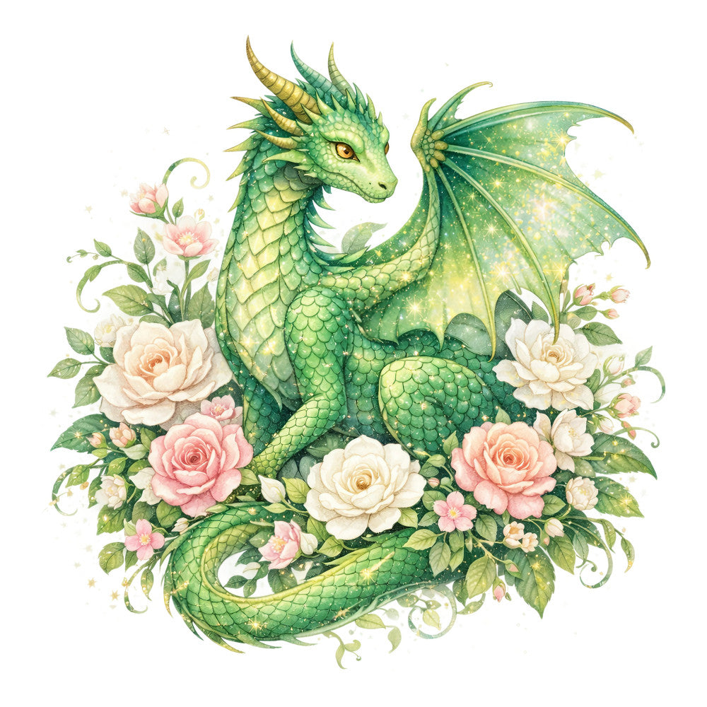 green dragon, fantasy, whimsical, roses, pink roses, cream roses, pale pink, sage green, yellow-green, floral, nature, magical, elegant, cottage core, fairytale, dragon with flowers, botanical, leaves, vines, scrollwork, dreamy, romantic, spring, summer, soft colors, watercolor style, mystical, garden theme, decorative panel