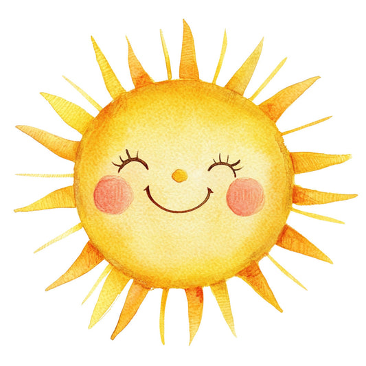 happy sun, smiling sun, cheerful sun, golden yellow, sunshine yellow, butter yellow, coral pink, rosy cheeks, sun face, celestial, whimsical, children's, baby, playful, sunny day, bright, warm, summer, spring, cute, kawaii, character print, novelty, cheerful design, sun rays, radiant, uplifting, nursery, kid-friendly