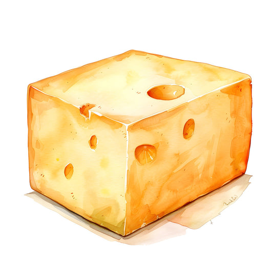 cheese print, cheddar yellow, golden yellow, butter yellow, orange yellow, swiss cheese, cheese block, food print, food themed, kitchen print, novelty print, whimsical, playful, cute, cheese holes, culinary, farmhouse, country, rustic, food lover, chef themed, cottage core, yellow and orange, warm tones, comfort food, cheese lover gift, kitchen decor, fun print, lighthearted