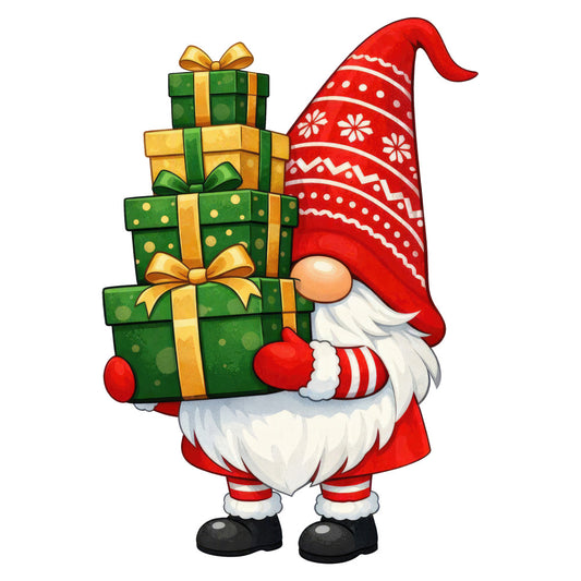 christmas gnome, holiday gnome, red gnome, festive gnome, gnome fabric, christmas fabric, holiday fabric, forest green, gold ribbon, white beard, striped stockings, red hat, winter holiday, christmas decoration, festive theme, whimsical, traditional christmas, scandinavian style, gift boxes, red and green, holiday panel, seasonal, christmas motif, gnome character, cozy christmas, decorative panel, holiday decor, christmas craft