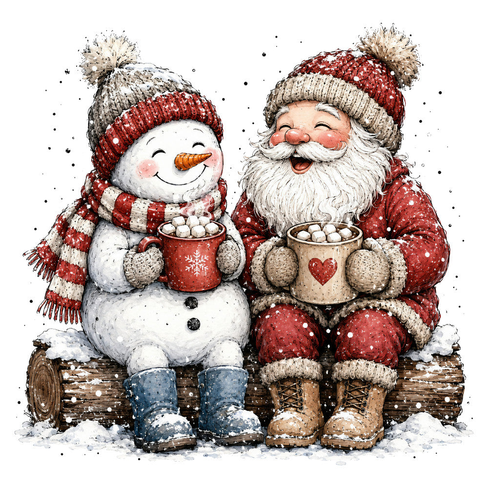 christmas, holiday, santa, snowman, winter, red, cream, white, beige, tan, festive, whimsical, nostalgic, vintage, cozy, hot chocolate, marshmallows, snow, seasonal, december, cheerful, jolly, traditional, rustic, heartwarming, pom pom hat, striped scarf, characters, figurative, wall hanging