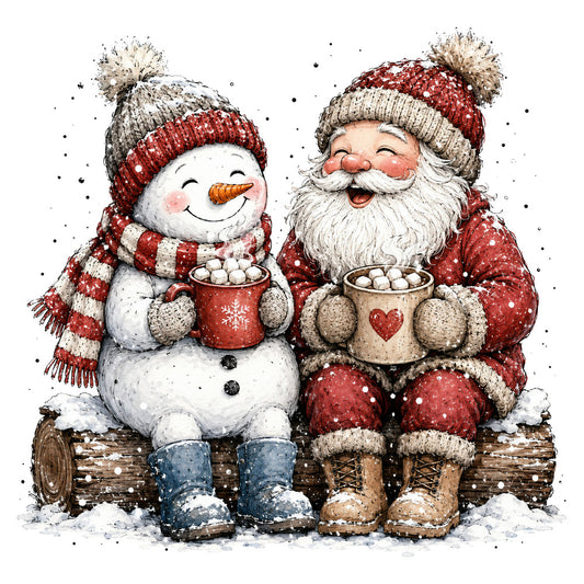 christmas, holiday, santa, snowman, winter, red, cream, white, beige, tan, festive, whimsical, nostalgic, vintage, cozy, hot chocolate, marshmallows, snow, seasonal, december, cheerful, jolly, traditional, rustic, heartwarming, pom pom hat, striped scarf, characters, figurative, wall hanging