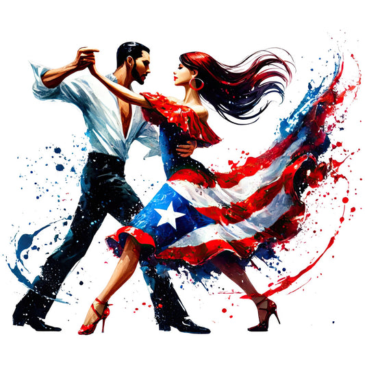 latin dance, puerto rican flag, red white blue, dancing couple, watercolor splatter, abstract paint, modern art, patriotic, cultural heritage, salsa dancing, vibrant colors, dynamic movement, splatter effect, ink splash, navy blue, crimson red, white accents, elegant style, artistic, festive, celebration, cultural pride, couple dancing, flowing fabric, energetic, contemporary art, home decor
