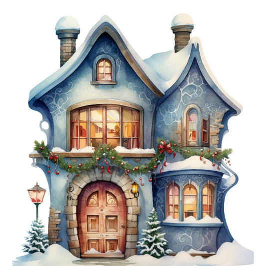 Watercolor Winter Houses Fabric Panel 25