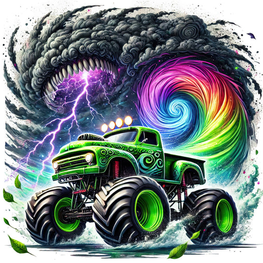 neon green, electric purple, vibrant rainbow, lightning bolt, storm clouds, monster truck, dramatic sky, cosmic swirl, energy, powerful, bold, modern, whimsical, abstract, futuristic, neon colors, glow-in-the-dark style, nature-inspired, weather theme, adventure, dynamic motion, colorful gradient, fantasy, surreal, contemporary, eye-catching, high-contrast, illuminated effects