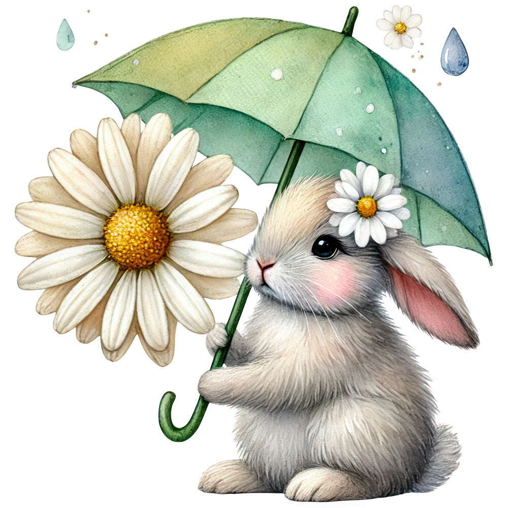 cute bunny, rabbit, white rabbit, green umbrella, daisies, white flowers, yellow center, spring, whimsical, pastel colors, cream white, sage green, soft green, raindrops, rainy day, nature theme, animal illustration, children's fabric, baby quilt, nursery, woodland creatures, gentle style, watercolor effect, floral design, sweet, charming, playful, easter, garden theme, decorative panel