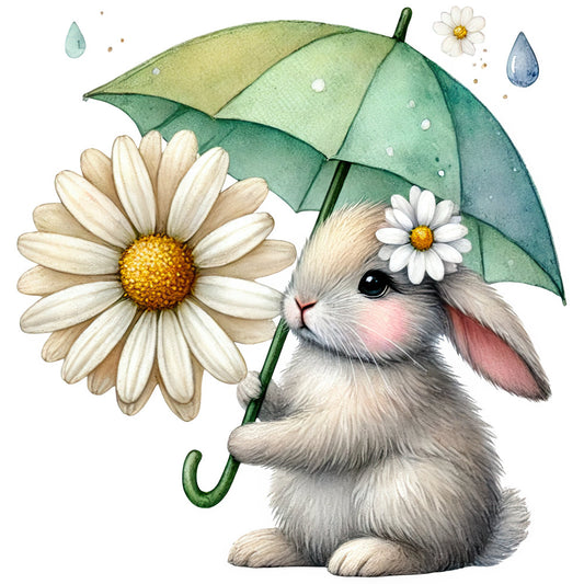 cute bunny, rabbit, white rabbit, green umbrella, daisies, white flowers, yellow center, spring, whimsical, pastel colors, cream white, sage green, soft green, raindrops, rainy day, nature theme, animal illustration, children's fabric, baby quilt, nursery, woodland creatures, gentle style, watercolor effect, floral design, sweet, charming, playful, easter, garden theme, decorative panel