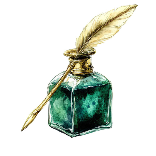 emerald green, teal green, forest green, gold, brass, vintage, elegant, literary, writer, quill pen, inkwell, ink bottle, nostalgic, antique, classic, stationery, writing, art supplies, creative, bohemian, artistic, traditional, sophisticated, desk accessories, scholar, author, calligraphy, illustration, decorative arts