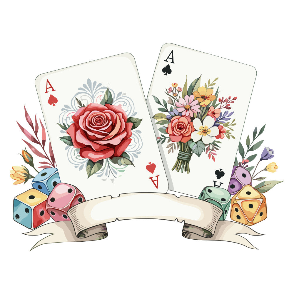 fabric panel, playing cards, ace of hearts, ace of spades, floral design, red roses, colorful dice, ribbon banner, watercolor style, botanical elements, mixed flowers, bouquet design, game theme, casino motif, soft pastels, coral pink, sage green, lavender purple, yellow accents, quilting cotton