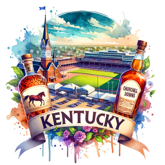 US States Retro Travel Fabric Panel 2 featuring Kentucky landmarks, bourbon bottles, and Churchill Downs in vibrant watercolor style.
