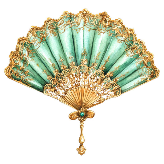 mint green, gold, turquoise, ornate, baroque, fan, peacock, vintage, elegant, ornamental, decorative, botanical, art deco, luxury, damask, flourish, shell motif, intricate, classic, traditional, steampunk, victorian, jeweled, embellished, Art Nouveau, gilded, patina, dresser scarf, decorative fan