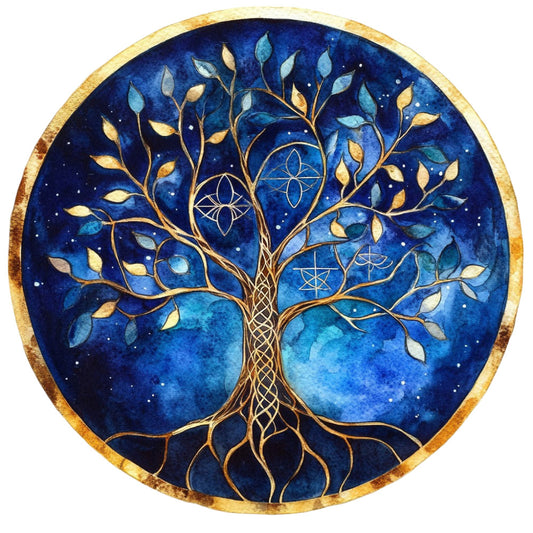navy blue, deep blue, gold, metallic gold, teal, light blue, celestial, tree of life, mystical, spiritual, geometric patterns, sacred geometry, nature, botanical, leaves, branches, roots, stars, night sky, elegant, bohemian, modern, whimsical, wisdom, meditation, mandala-inspired, cosmic, magical, enchanted forest, wall art