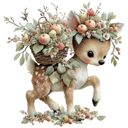 deer, fawn, animals, woodland, nature, floral, botanical, apples, berries, flowers, blossoms, basket, harvest, autumn, fall, spring, cream, beige, tan, dusty rose, coral pink, sage green, soft green, whimsical, vintage, rustic, farmhouse, cottage core, gentle, sweet