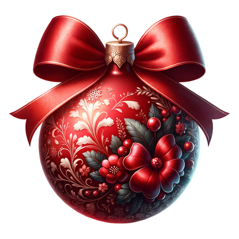 red, burgundy, gold, copper, christmas ornament, satin ribbon, bow, floral design, decorative patterns, holly berries, poinsettia, leaves, botanical motifs, festive, holiday themed, ornate details, fabric panel, quilting cotton, seasonal crafting, winter celebration