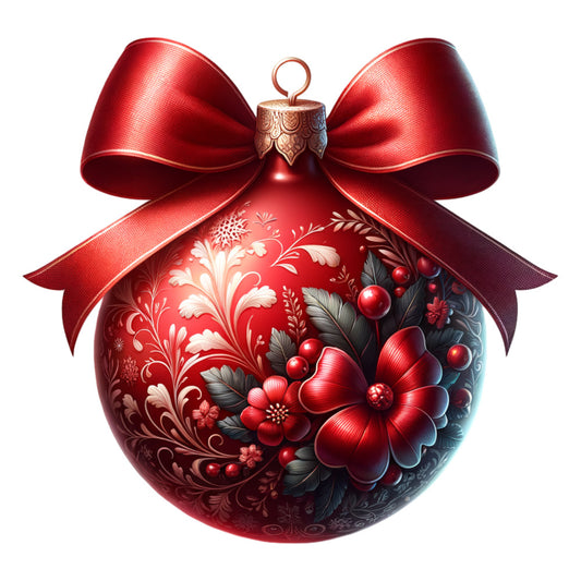 red, burgundy, gold, copper, christmas ornament, satin ribbon, bow, floral design, decorative patterns, holly berries, poinsettia, leaves, botanical motifs, festive, holiday themed, ornate details, fabric panel, quilting cotton, seasonal crafting, winter celebration