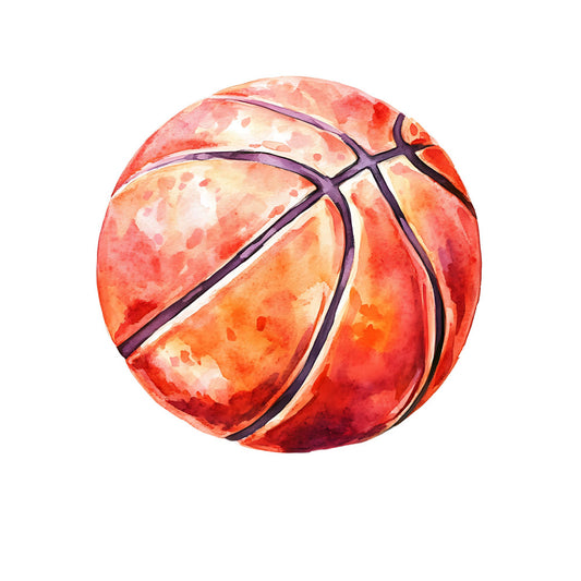 basketball, sports, orange, coral orange, red-orange, burnt orange, cream, watercolor, watercolor effect, geometric, athletic, sports themed, modern, vibrant, painted effect, textured, ball motif, team sports, recreational, casual style, youth themed, playroom, kids room, sports decor, action themed, energetic, bright colors, ink lines, contemporary