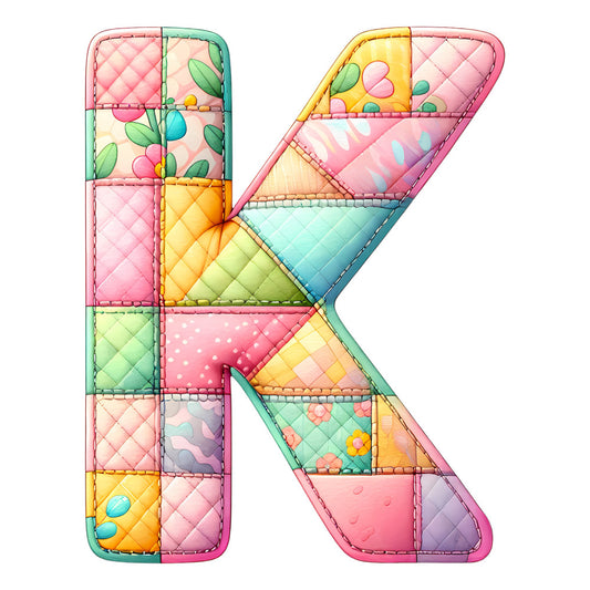letter k, pastel pink, soft yellow, mint green, sky blue, lavender purple, coral, quilted, patchwork, geometric, floral, nature-inspired, whimsical, modern, playful, spring, summer, garden theme, flowers, leaves, polka dots, colorful, rainbow gradient, cheerful, nursery, children's decor, alphabet panel, cute, soft pastels