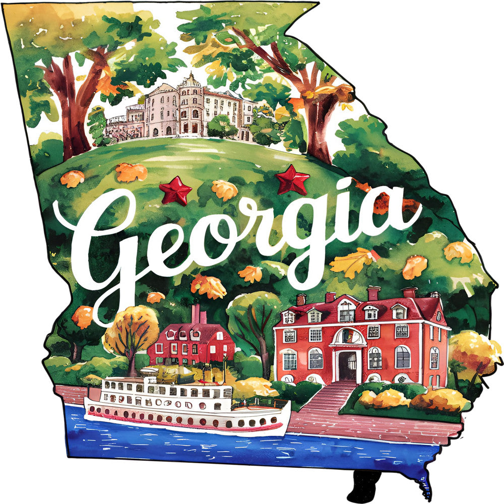 Classic US States Fabric Panel 12 featuring a colorful Georgia state map with landmarks, trees, and a riverboat on premium quilting cotton.