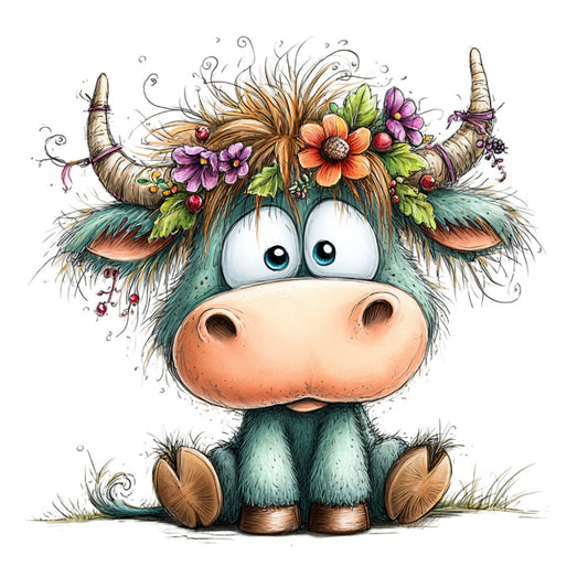whimsical, cute animals, highland cattle, cow, flowers, floral, purple flowers, orange flowers, pink flowers, green, teal, brown, cream, rustic, farmhouse, boho, spring, nature, horns, wreath, folk art, cottage core, whimsy, playful, children's, baby, charming, artistic, illustrated, garden
