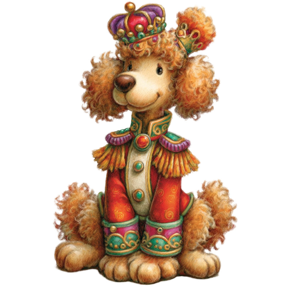 whimsical poodle, royal crown, decorative dog, ornate costume, purple crown, gold accents, red clothing, jewel tones, emerald green, golden yellow, coral orange, curly fur, children's illustration, storybook character, fancy dress, regal theme, animal character, whimsical style, vintage illustration, charming creatures, decorative epaulettes, embellished design, fairy tale, playful animals, nursey decor, kid's fabric, princess poodle, ornamental details, colorful costume, illustrated animals