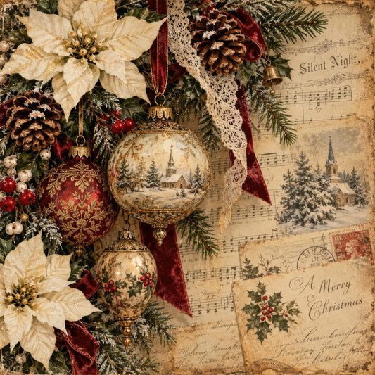 vintage christmas, cream poinsettia, burgundy ornaments, gold accents, pine cones, evergreen branches, silent night sheet music, snow-covered church, winter landscape, nostalgic holiday, antique lace, ivory flowers, red berries, traditional christmas, elegant holiday, rustic victorian, cream and gold, festive vintage, christmas caroler, holiday greeting card, vintage postcard, distressed aged look, winter scenery, holiday nostalgia, classic christmas, ornate details, cream burgundy gold, winter church scene