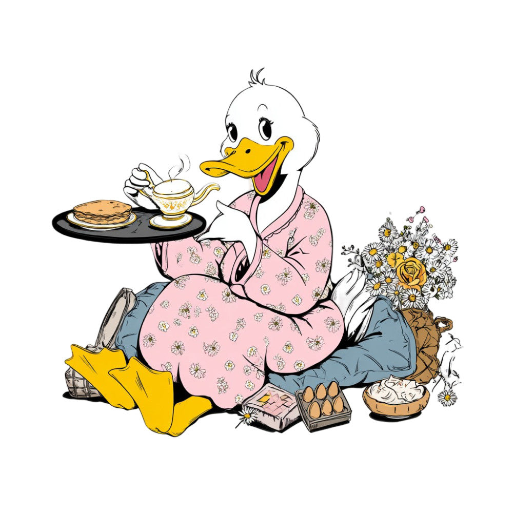 duck, goose, character, pink, yellow, blue, floral, daisy, flowers, vintage, whimsical, novelty, animal, bird, teapot, pancakes, breakfast, food, cottage core, classic, children's, storybook, cute, playful, spring, summer, farmhouse, retro, mid-century, illustrated