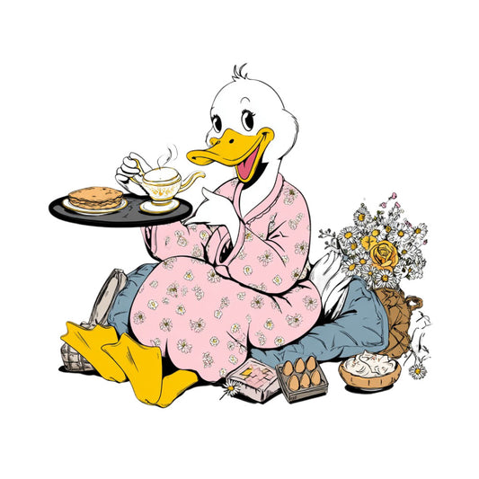 duck, goose, character, pink, yellow, blue, floral, daisy, flowers, vintage, whimsical, novelty, animal, bird, teapot, pancakes, breakfast, food, cottage core, classic, children's, storybook, cute, playful, spring, summer, farmhouse, retro, mid-century, illustrated