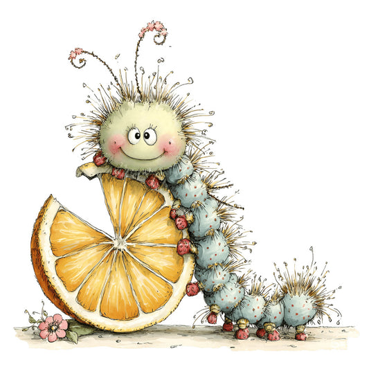 whimsical, cute, caterpillar, lemon slice, citrus, yellow, pale blue, soft green, coral pink, blush pink, nature, garden, insects, bugs, children's, playful, charming, spring, summer, botanical, quirky, folk art, illustration, storybook, nursery, baby, decorative, wall hanging, novelty
