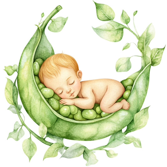 baby sleeping, sweet pea pod, nursery, infant, newborn, botanical, nature, green, sage green, light green, cream, soft colors, whimsical, gentle, dreamy, illustration, watercolor, storybook, spring, baby shower, crib bedding, children's fabric, peaceful, adorable, cute, peaceful sleep, garden theme, pea pod cradle