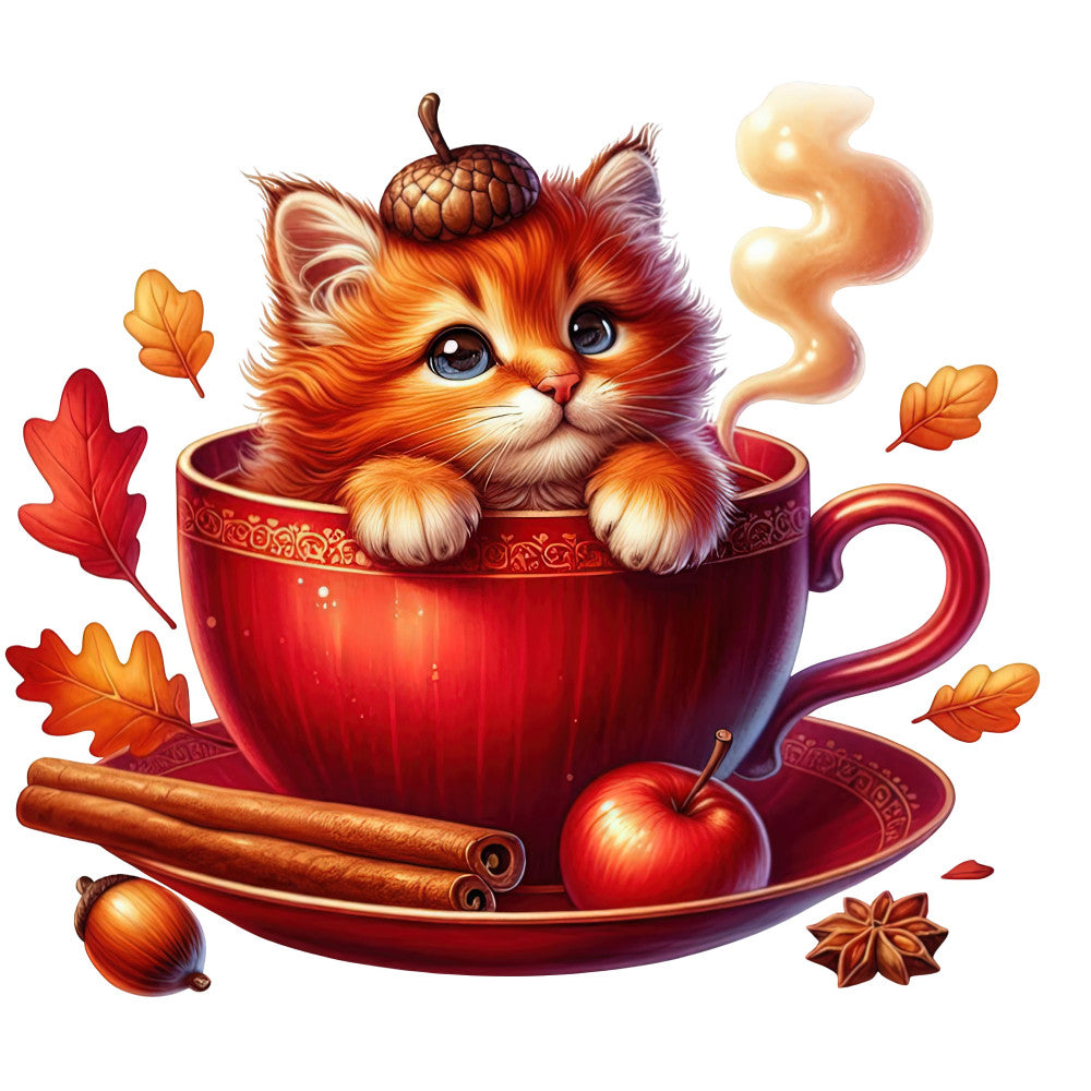 autumn, fall, cozy, whimsical, cute cat, orange tabby, red cup, cinnamon, spiced, warm, rust, burnt orange, cream, gold, burgundy, leaves, oak leaves, acorn, apple, star anise, cinnamon sticks, steam, hot beverage, fall foliage, seasonal, warm colors, nostalgic, charming, playful, decorative panel