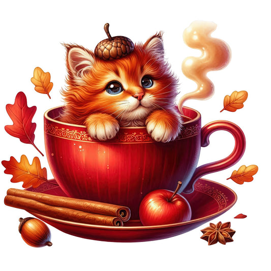 autumn, fall, cozy, whimsical, cute cat, orange tabby, red cup, cinnamon, spiced, warm, rust, burnt orange, cream, gold, burgundy, leaves, oak leaves, acorn, apple, star anise, cinnamon sticks, steam, hot beverage, fall foliage, seasonal, warm colors, nostalgic, charming, playful, decorative panel
