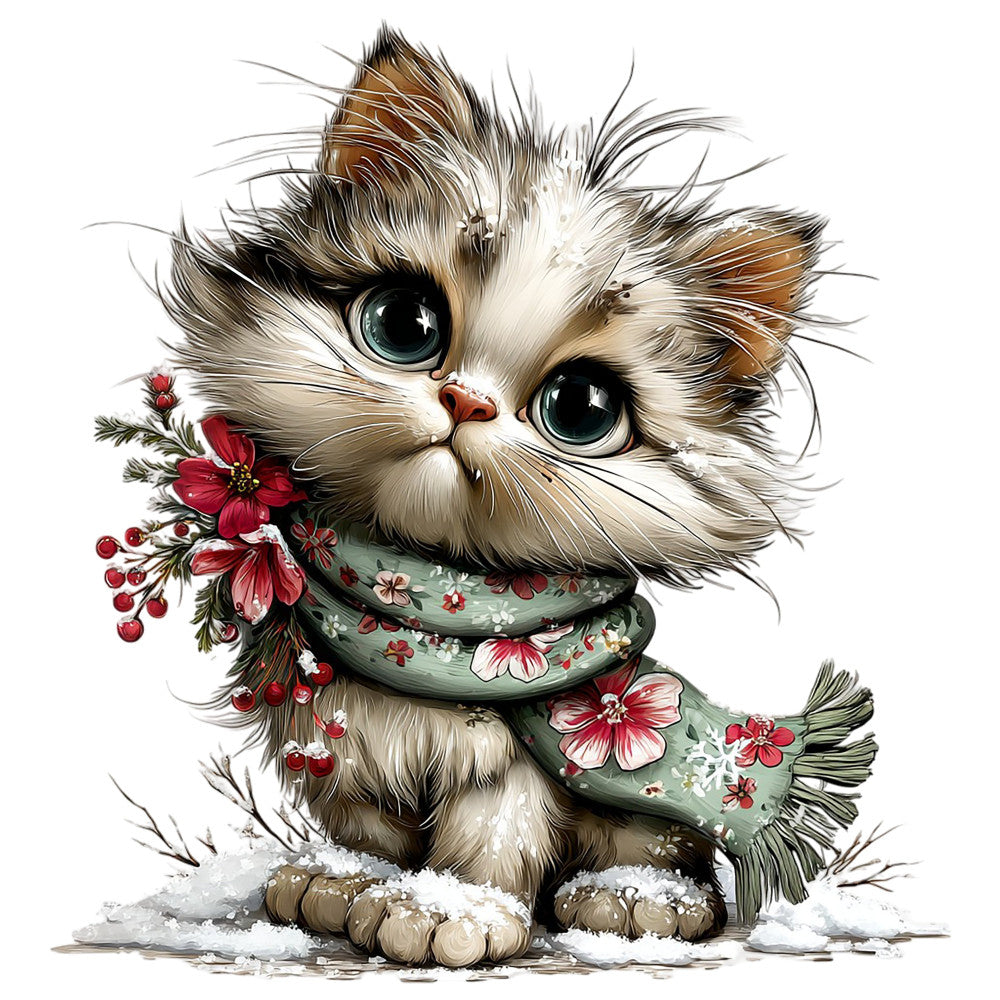 fluffy cat, white cat, tabby cat, calico cat, blue eyes, green scarf, floral scarf, red flowers, pink flowers, white flowers, botanical, nature, animals, whimsical, cute, adorable, winter, snow, festive, gift-giving, baby, children's, playful, illustrated, watercolor style, cottage core, farmhouse, woodland, gentle, soft colors