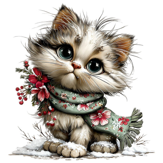 fluffy cat, white cat, tabby cat, calico cat, blue eyes, green scarf, floral scarf, red flowers, pink flowers, white flowers, botanical, nature, animals, whimsical, cute, adorable, winter, snow, festive, gift-giving, baby, children's, playful, illustrated, watercolor style, cottage core, farmhouse, woodland, gentle, soft colors