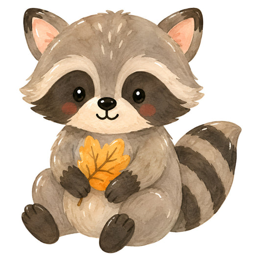 cute raccoon, woodland animals, autumn leaf, fall colors, taupe, tan, cream, gray, charcoal, burnt orange, golden yellow, whimsical, children's, baby, animal illustration, forest theme, nature inspired, rustic charm, sweet smile, holding leaf, striped tail, children's apparel, nursery decor, storybook style, playful design, cozy aesthetic, fall harvest, woodland creatures, decorative panel, character design