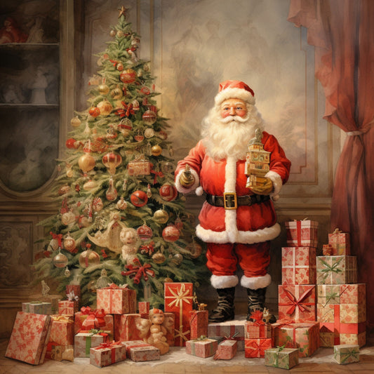 santa claus, christmas tree, wrapped presents, gift boxes, red suit, white beard, santa hat, holiday scene, festive decorations, ornaments, ribbons, bows, red curtains, warm lighting, cozy interior, christmas morning, fabric panel, quilting cotton, seasonal print, winter holidays
