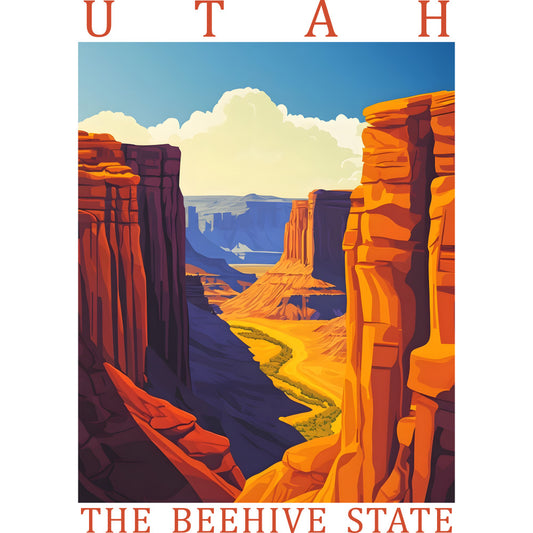 orange, red, blue, yellow, purple, canyon landscape, desert scene, rock formations, southwestern scenery, travel poster style, vintage illustration, utah state, fabric panel, quilting cotton, scenic vista, layered rocks, winding river, dramatic cliffs, retro artwork, tourism design