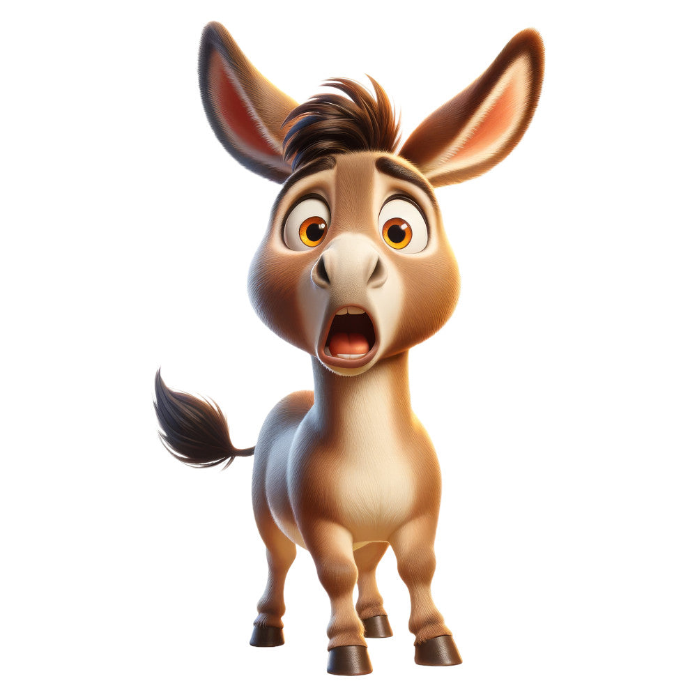 cartoon donkey, whimsical animal, tan brown, cream white, orange yellow, animated character, surprised expression, big ears, farm animal, children's, playful, funny face, kid-friendly, cute character, tan beige, rustic brown, expressive eyes, cheerful, humorous, decorative panel, nursery, children's quilt, storybook character, novelty print, character fabric, lighthearted, entertainment, animated style, personality print