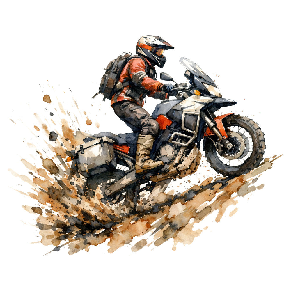 adventure, adventure sports, burnt orange, dirt bike, dirtbike, earth tones, extreme sports, khaki, male rider, masculine, motocross, motorcycle, motorbike, muddy, off-road, orange, outdoor sports, rustic, splatter, sporty, tan, terrain bike, watercolor, watercolor splatter