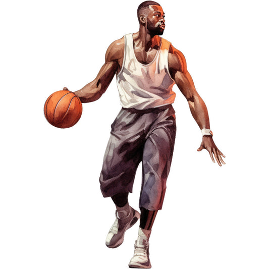basketball player, sports, athletic, male figure, action pose, vintage sports, retro athletics, cream white, burnt orange, warm brown, dusty brown, tan, khaki, basketball, sports illustration, vintage illustration, athletic wear, tank top, basketball shorts, sneakers, figurative, portrait, people, men's sports, retro style, classic sports, inspired by vintage, mid-century illustration, recreational sports, casual athletic