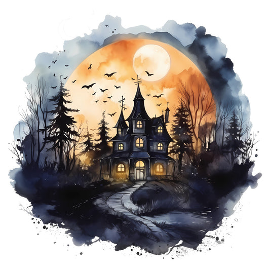 haunted house, full moon, spooky, gothic, halloween, bats, dark orange, cream, navy blue, black, charcoal gray, watercolor, silhouette, trees, forest, celestial, night sky, moody, atmospheric, whimsical, eerie, mysterious, autumn, fall, dark academia, victorian, supernatural, moonlit, evening, horror theme