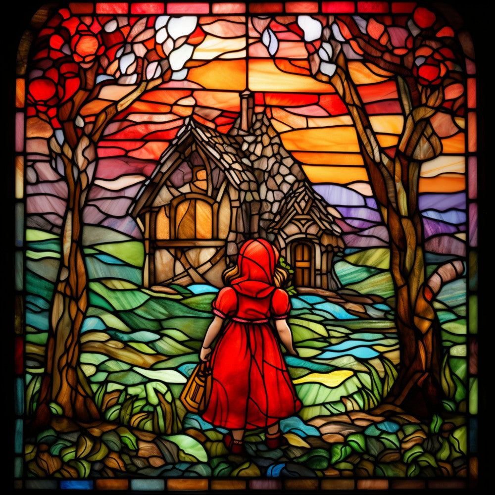 little red riding hood, stained glass, fairy tale, red cloak, cottage, forest scene, vibrant colors, orange sunset, green foliage, purple sky, yellow windows, fabric panel, quilting cotton, children's story, woodland setting, girl character, rustic house, trees, whimsical art, story book illustration