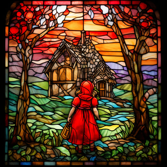 little red riding hood, stained glass, fairy tale, red cloak, cottage, forest scene, vibrant colors, orange sunset, green foliage, purple sky, yellow windows, fabric panel, quilting cotton, children's story, woodland setting, girl character, rustic house, trees, whimsical art, story book illustration