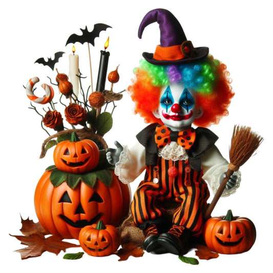 halloween, clown, pumpkin, jack-o-lantern, witch hat, purple, orange, black, red, white, green, blue, multicolor, candy corn, bats, candles, roses, autumn, fall, spooky, whimsical, festive, seasonal, striped, trick-or-treat, costume, scary, playful, holiday, decorative