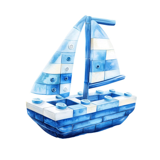 blue, white, sailboat, nautical, watercolor, building blocks, toy boat, ocean theme, marine, coastal, fabric panel, quilting cotton, children's fabric, soft blue, light blue, navy blue, boat design, sailing vessel, playful, kids decor