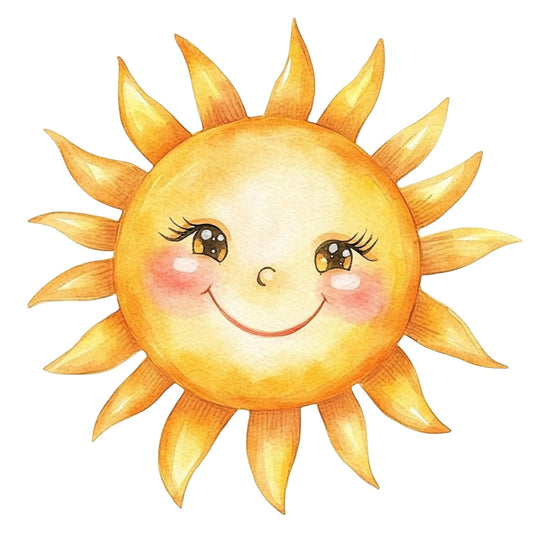 cheerful sun, smiling sun, happy face, golden yellow, bright yellow, sunshine yellow, orange yellow, cute face, whimsical, children's, kid friendly, nursery, baby, sun motif, celestial, nature, summer, spring, sunny day, playful, sweet expression, rosy cheeks, illustrative, storybook style, character design, toddler, daycare, uplifting, positive, warm colors