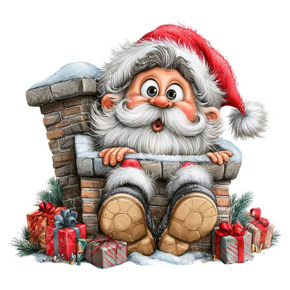santa, christmas, holiday, red and white, cream, gray, brick red, festive, whimsical, chimney, gifts, presents, decorative, winter, seasonal, jolly, traditional, nostalgic, cute, charming, st. nicholas, vintage-inspired, family-friendly, snow, evergreen, ribbons, bows, rustic, cheerful