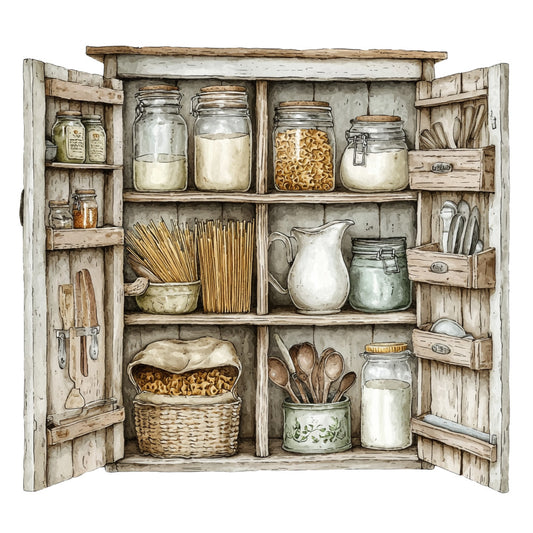 beige, cream, brown, white, rustic cabinet, mason jars, wooden shelves, pasta storage, kitchen pantry, farmhouse style, vintage cupboard, cooking utensils, wicker basket, ceramic pitcher, glass containers, country cottage, watercolor illustration, fabric panel, quilting cotton, pantry scene